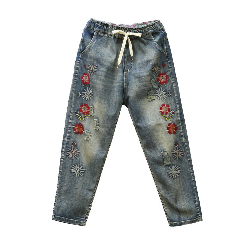 

Summer New Arts Style Women Flower Embroidered Jeans Elastic Waist Loose Denim Harem Pants Plus Size Vintage Ripped Jeans