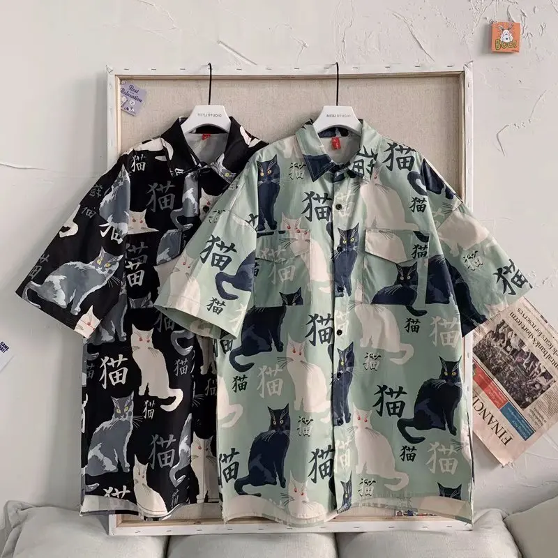 

Japanese Summer Short Sleeve Cat Graphic Print Button Up Shirt Men Turndown Neck Loose Blouse Top Tee Harajuku Fashion Plus Size