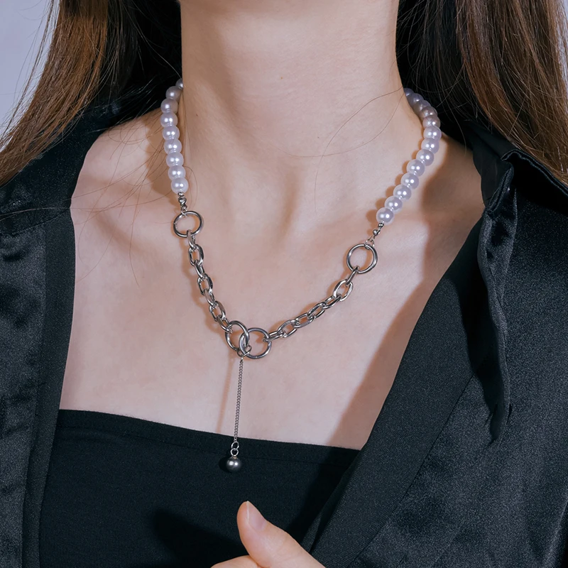 

SparK Fashion Stainless Steel Circle Pendant Necklace White Pearls Beaded Chain Necklaces For Women Girlfriend Party Gift Bijoux