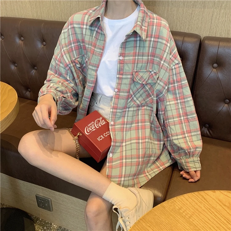 

Long Sleeve Shirt Girls spring 2021 new student Han loose Plaid Shirt coat Corduroy Cotton Casual Regular clothes