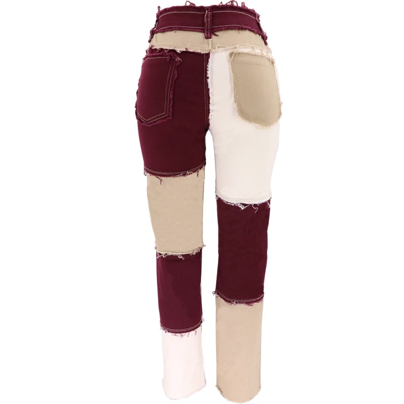 

Patchwork Skinny Straight Jeans Women High Waist with Pockets Color Block Ladies Jeans Trousers Denim Pants