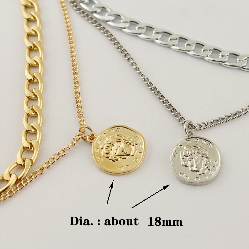 

Punk Gold Necklace Portrait Coin Pendant for Women Cuban Multilayered Chunky Thick Chain Choker Necklaces Wholesale Jewelry