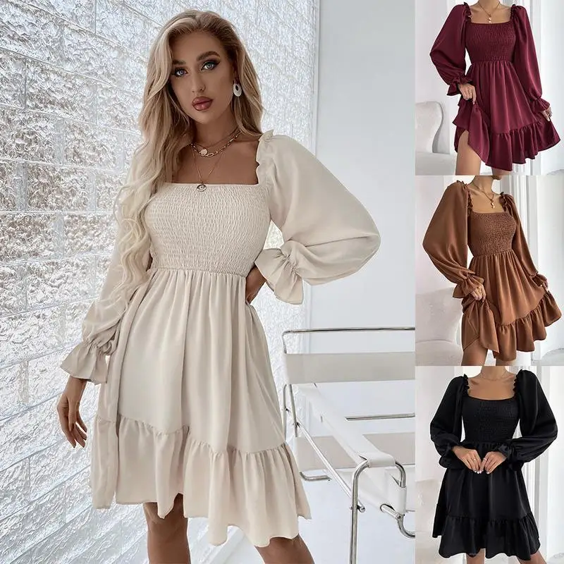 

2022 New Women's Dress Early Spring Hedging Square Neck Long-Sleeved Ruffled High-Waist Tight-Fitting Commuter Dress