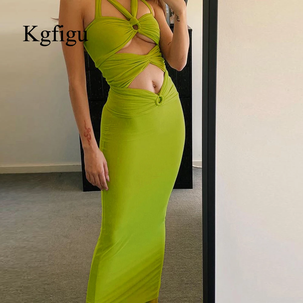 

KGFIGU Fall Bandage Green Birthday Dresses Women Sexy Sleeveless Bodycon Slim Mid Calf Vestidos Lady Cute Party Black Outfits