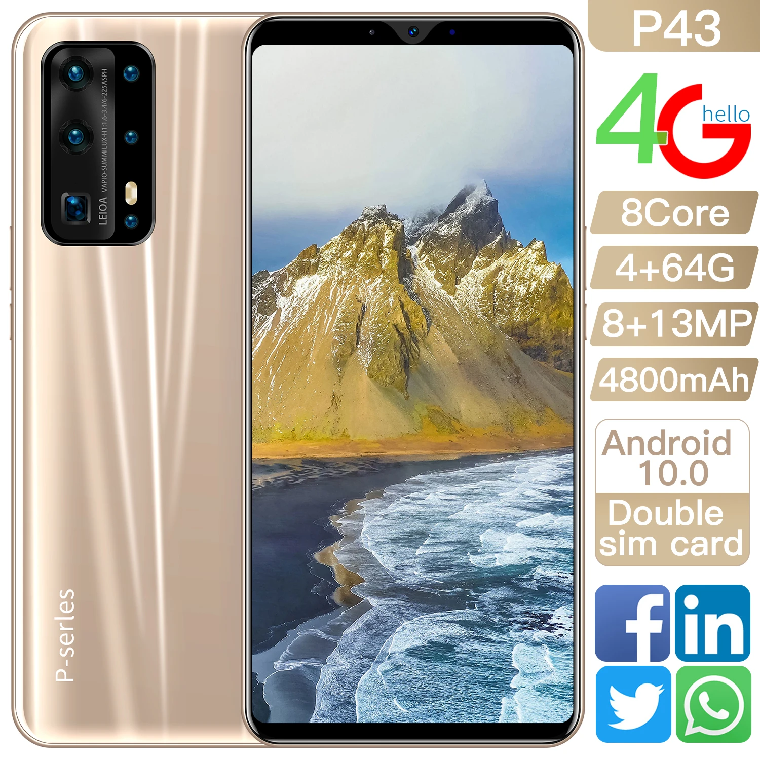 

P43 Dual Card Dual Standby MobilePhone 4GB+64GB Android Smartphone Supports 4G LET Face ID Mobile Phone 10 Core MTK6537 4800mAh