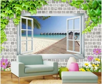 custom mural on the wall 3d wall paper modern green leaf window beach sea water flower decor photo wallpaper in the living room