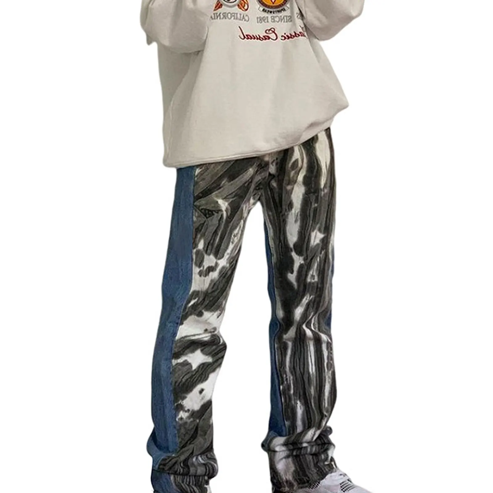 

Female Trousers Trendy Casual Floral Print High Waist Long Straight-Leg Pants with Pockets for Spring Fall Gray S/M/L