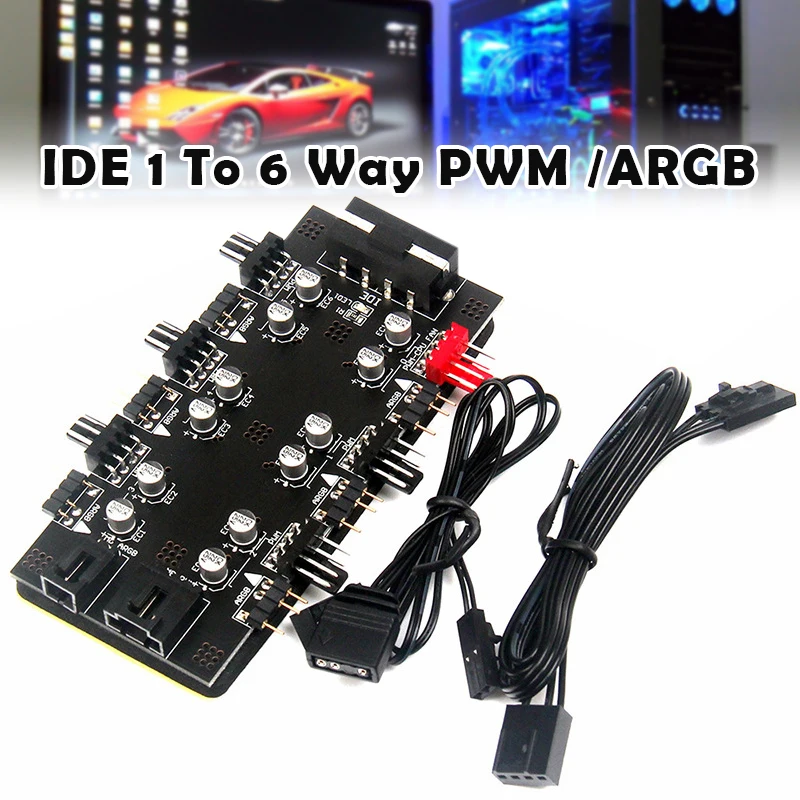 

12V 4Pin PWM & 5V 3Pin ARGB 2-in-1 Hub 6 Way CPU Cooling Fan RGB Lighting PCB Splitter Extender with 2 Connection Lines Fans