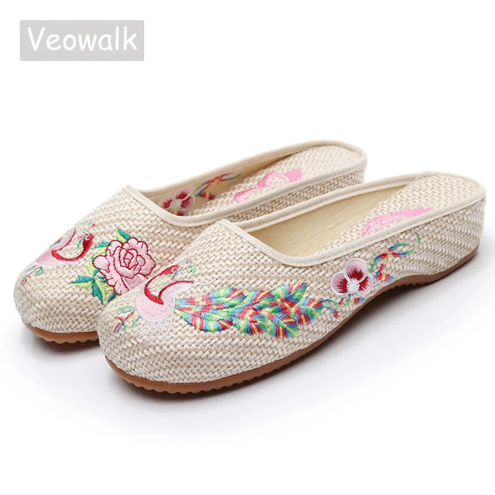 Veowalk женские льняные хлопковые тапочки с вышивкой журавль закрытым носком
