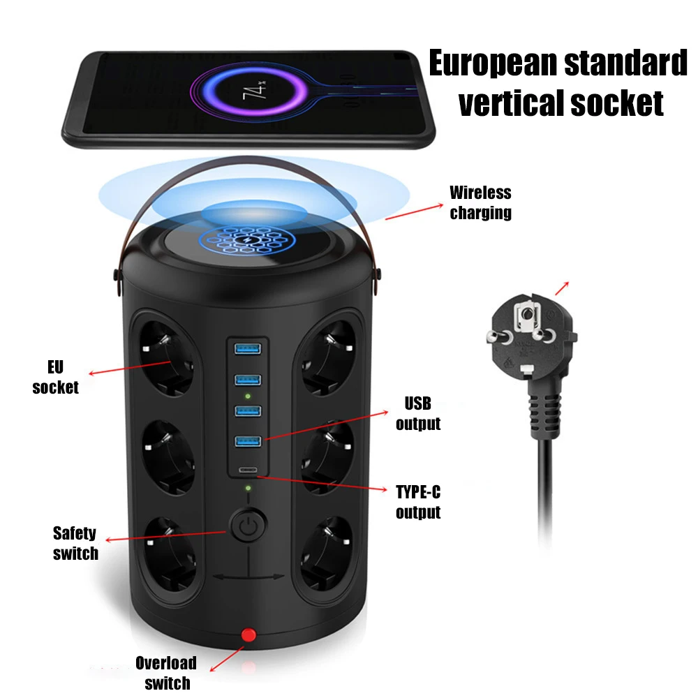 Tower Multi Power Strip Vertical EU Plug 12 Outlets Sockets with 4USB+1 TYPE-C Overload Protector Switch Multiple Vertical Power