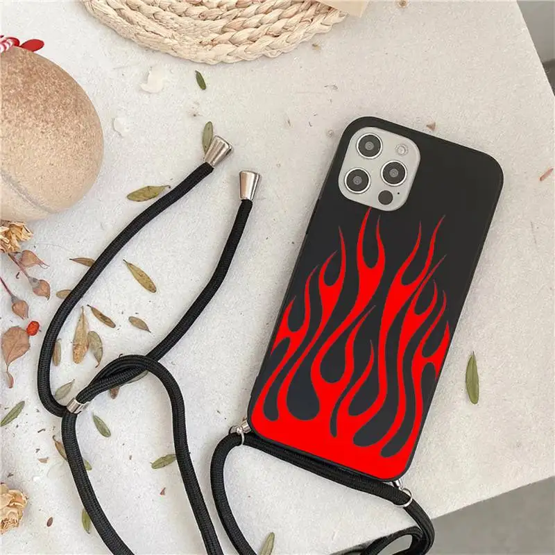 

Fashion Red Flames Fitted Phone Case For iPhone 7 8 11 12 X XS XR MINI Pro Max Plus Strap Cord Chain Lanyard soft