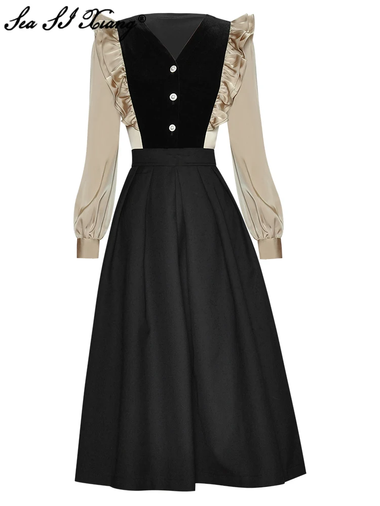 

Seasixiang Fashion Designer Spring Suit Women V-Neck Ruffle Crystal Single Breasted Velvet Tops + Skirt Vintage Two Pieces Set