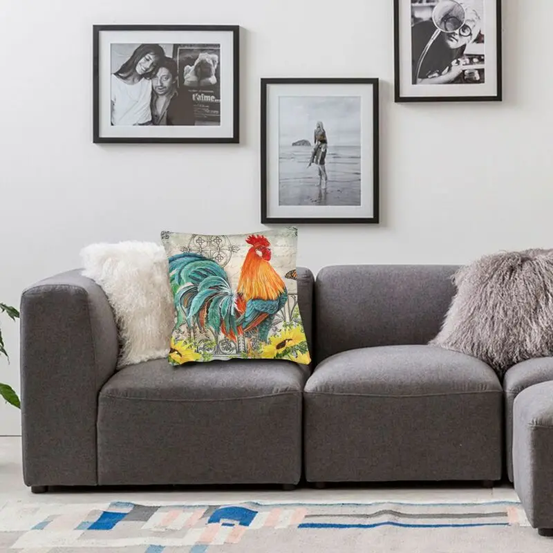 

Vintage Rooster With Flowers Cushion Cover Sofa Home Decorative Poultry Farm Chicken Square Throw Pillow Cover 45x45cm