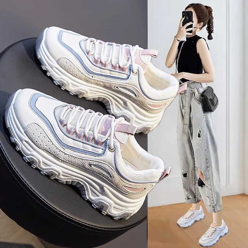 

Spring Sneakers Women Thick Bottom Daddy Shoes Thick Bottom Round Toe Breathing Leisure Female Vulcanize Shoes Tenis Feminino