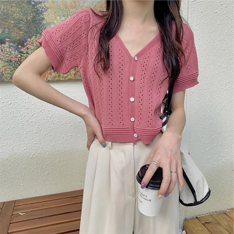 

Women's Knitted Short-Sleeved Short Summer French T-shirt V-neck Thin Cardigan with High Waist Wide-Leg Pants fafa_ootd
