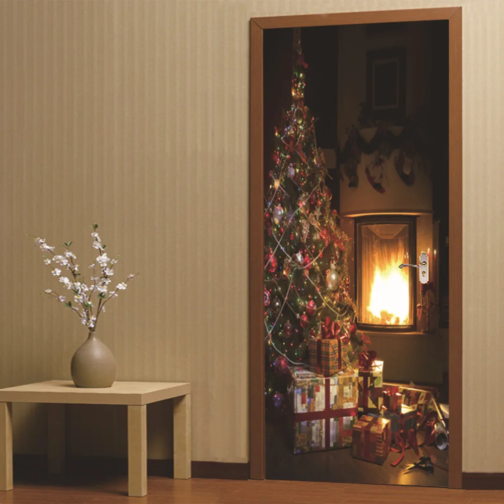 

77x200 см 3D наклейка на дверь с рождественской елкой, домашний декор, новогодние настенные наклейки для спальни, детской комнаты, виниловые сам...