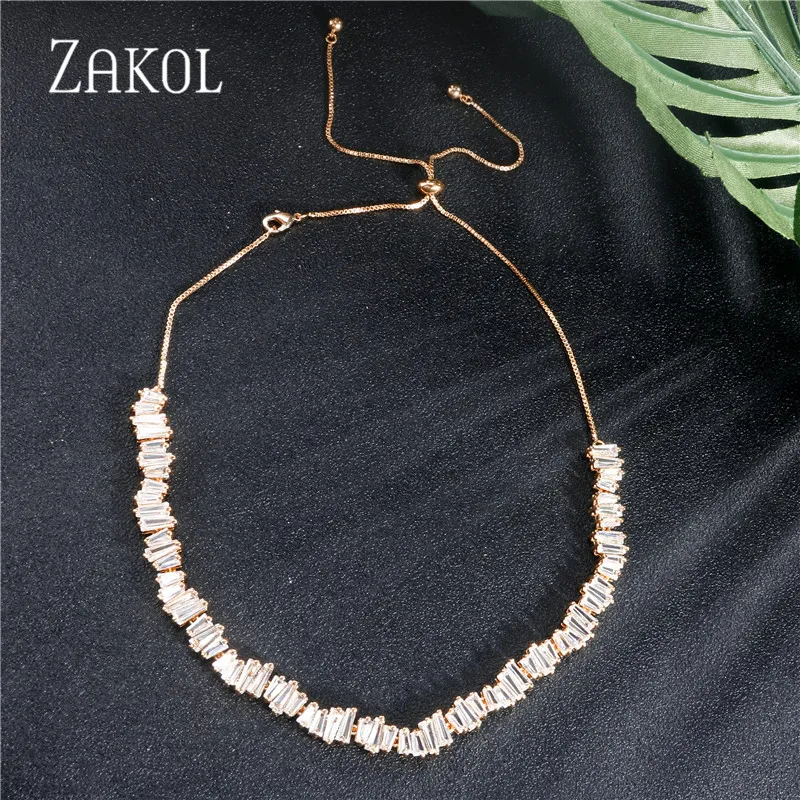 Rose Gold Color ZAKOL модный бренд ювелирные изделия серебро розовое золото цвет прямоугольник циркония ожерелье/Torques для женщин юбилей FSNP076 - Окраска металла: Rose Gold Color