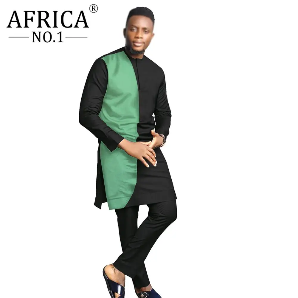 2021 Spring African Men Hippie Clothing Summer Bicolor Loose Long Sleeve Casual Contracted Design Set Shirt 2 Piece Outfit
