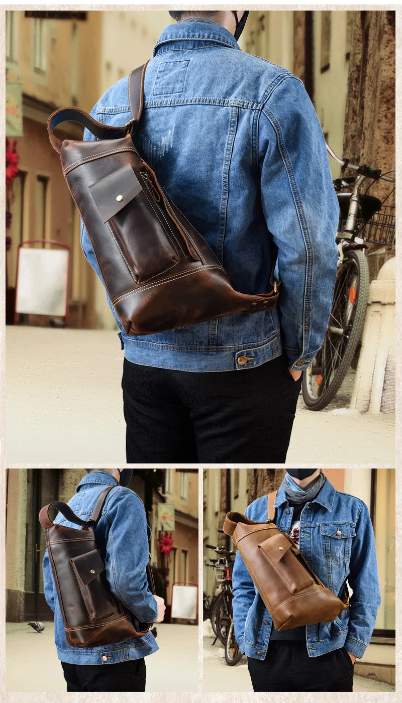 Fashion personality design natural crazy horse cowhide men's crossbody bag casual outdoor weekend genuine leather shoulder bag