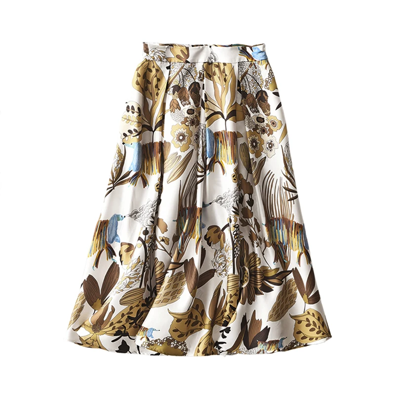 

Shuchan Print Natural Silk Skirts for Women Mid-Calf A-LINE Indie Folk Skirts Womens Midi Art High Fashion Floral