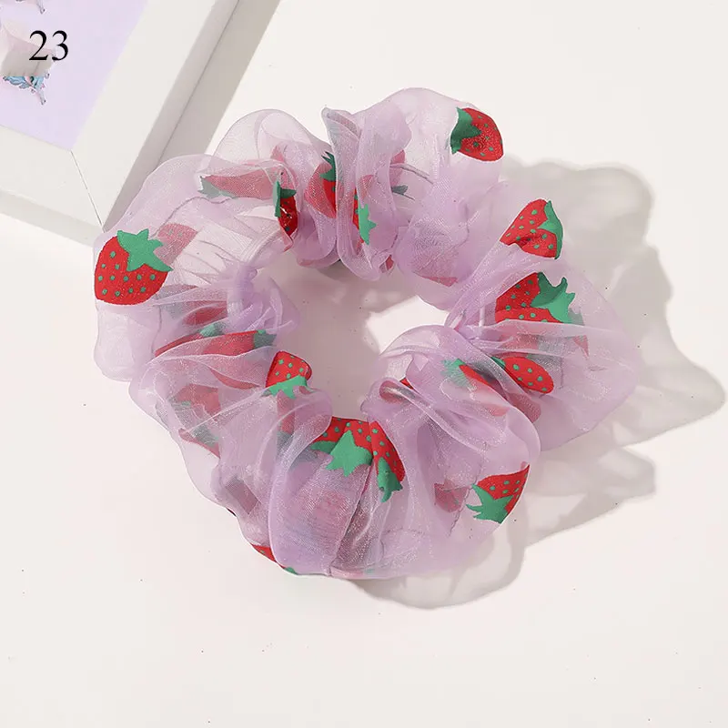 Summer Organza Hair Bands Strawberry Printed Ponytail Ring Accessories Fashion Women Bright Color Ties Girls Headwear |