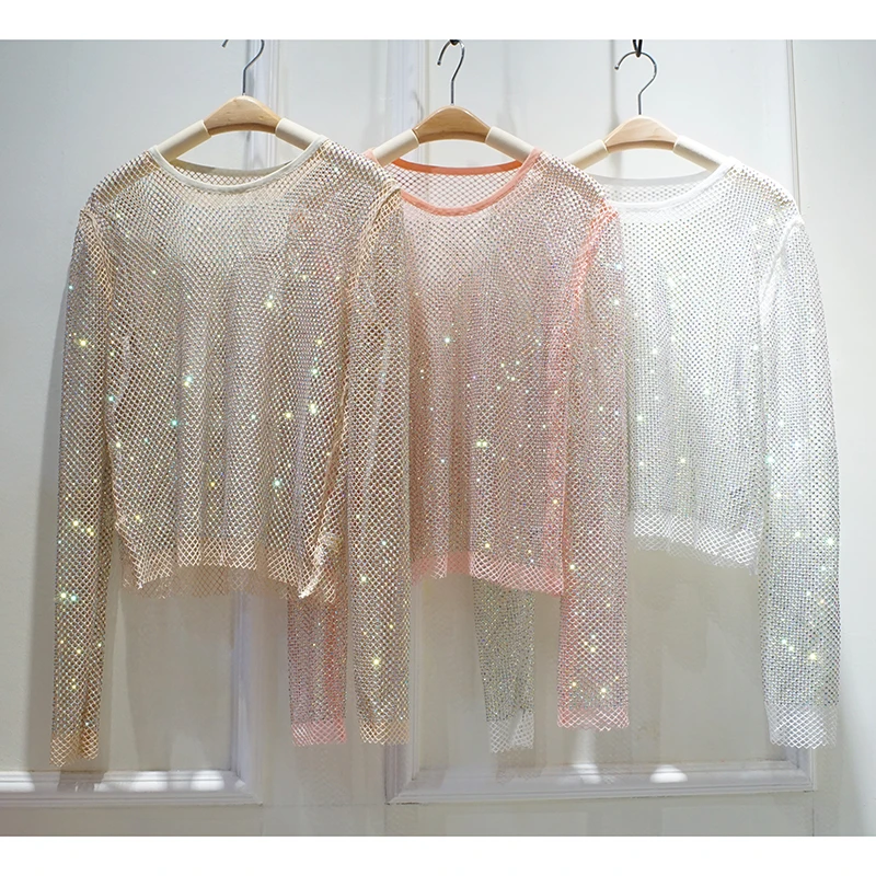 Базовая рубашка с блестящими бриллиантами женская элегантная Облегающая