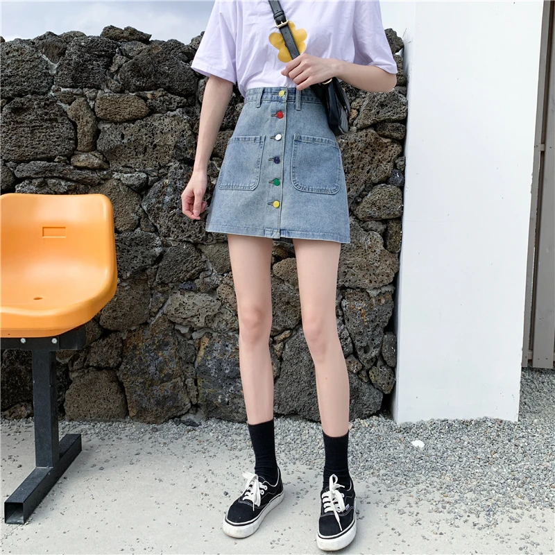 

Yocalor Fashion Demin Mini Skirt Women Colorful Button And Pocket Plus Size Summer Blue High Waist A Line Jeans Skirt