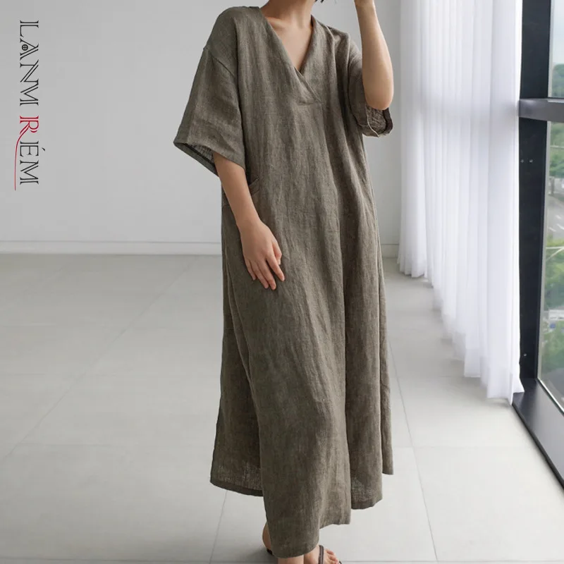 LANMREM свободные длинные платья выше колена корейский тренд винтажные с карманами