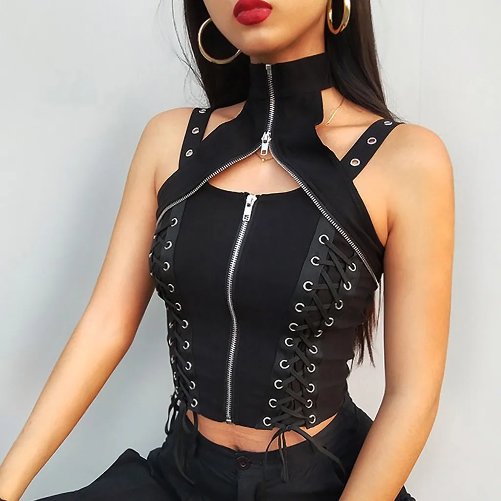 Женский укороченный топ на молнии Feitong готический Топ без рукавов короткая майка