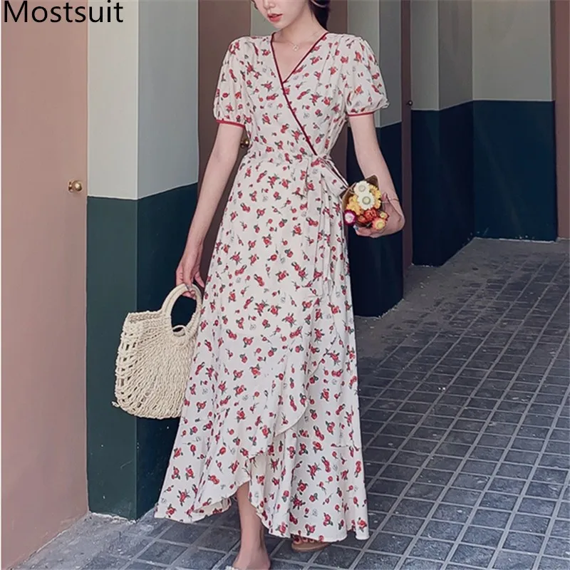 

Summer Printed Chiffon Women Long Dress Short Sleeve V-neck Sashes Ankle-length Dresses Elegant Vintage Ladies Vestidos 2021