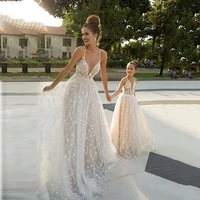 lace wedding dress princess v cut 3d applique beach boho mother daughter clothing sleeveless wedding dress vestido de noiva
