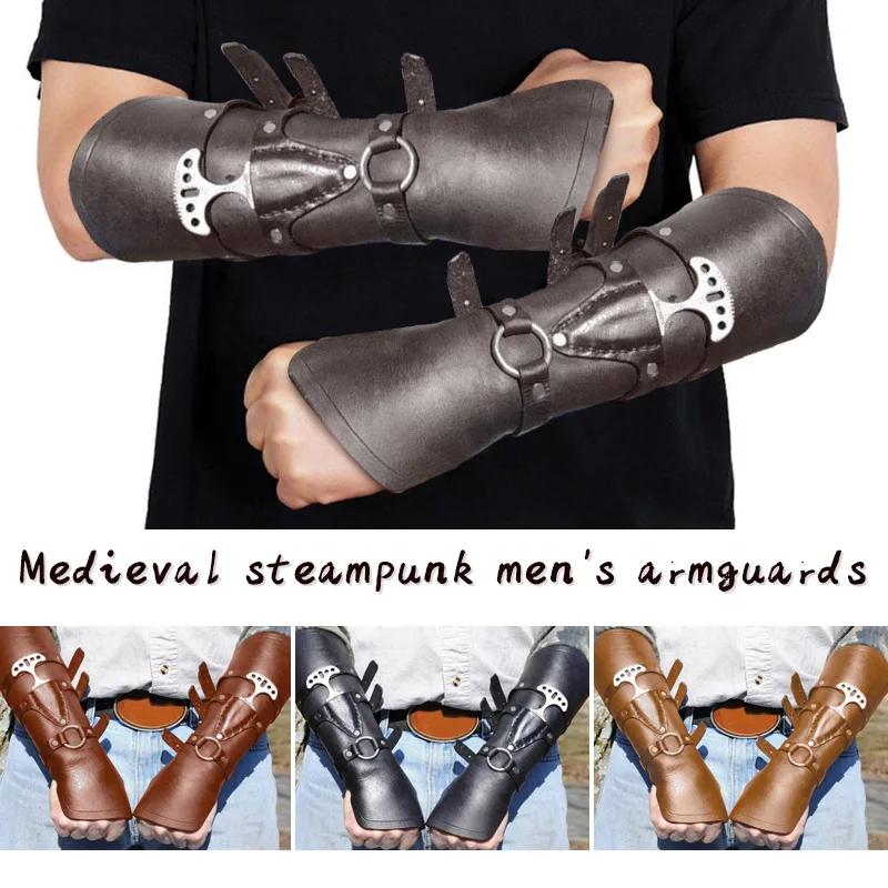 

2 Pcs Steampunk Men Medieval Cosplay PU Leather Bracers Armor Wristbands Adjustable Viking Pirate Halloween Costumes Accessories