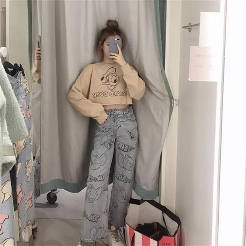 

Womens Jeans Summer New High Waisted Wide Leg Pants Cartoon Printed Straight Leg Jeans Street Loose Casual Straight Pants 2021