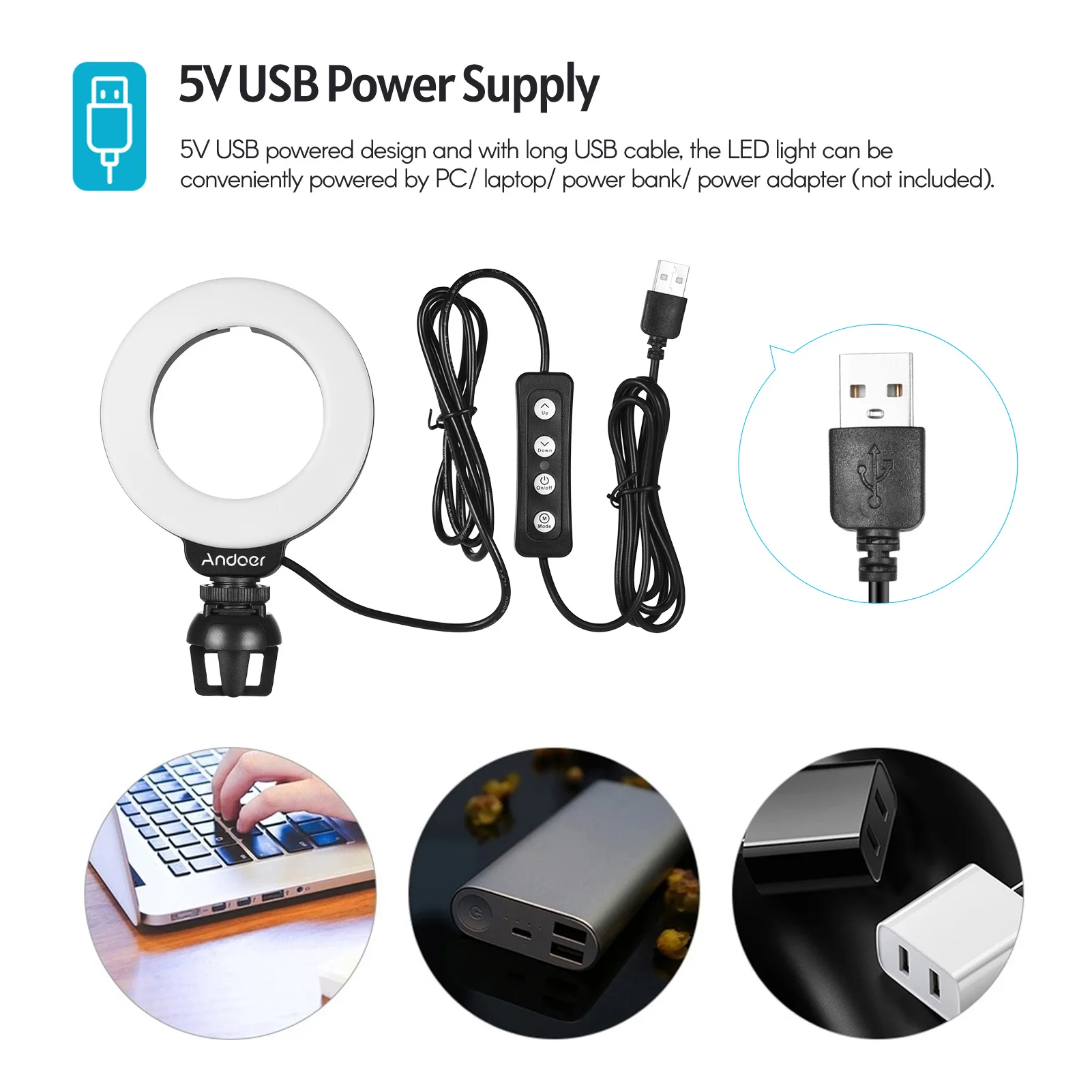 

Andoer Mini 4 Inch Video Lighting LED Ring Light Clip-on Light 3 Lighting Modes 3200K-6500K USB Powered for Live LED Ring Light