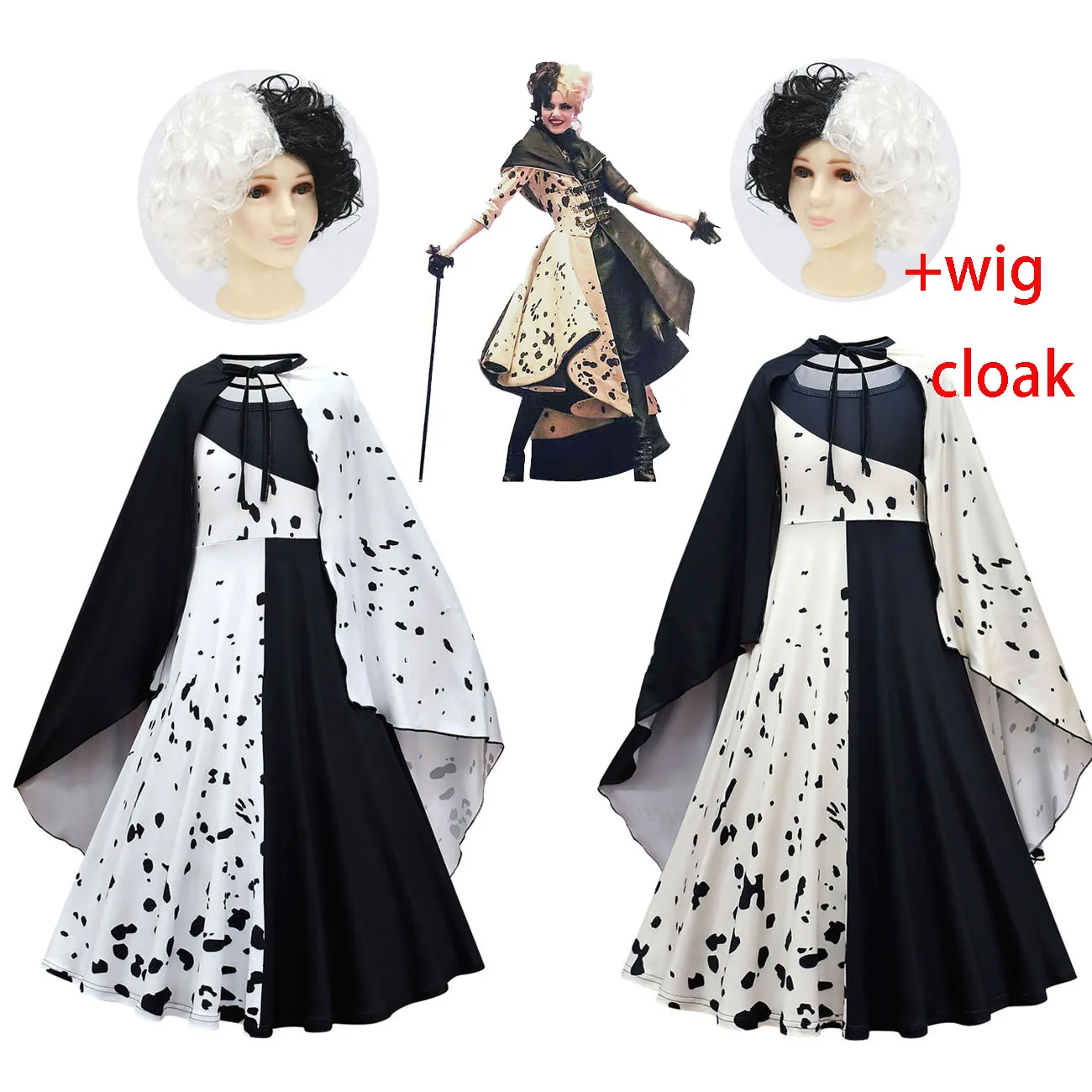 

2021 косплей костюм из фильма Cruella De Vil для девочек, черно-белое платье горничной, платье злой королевы, вечернее платье для вечеринки, накидка ...