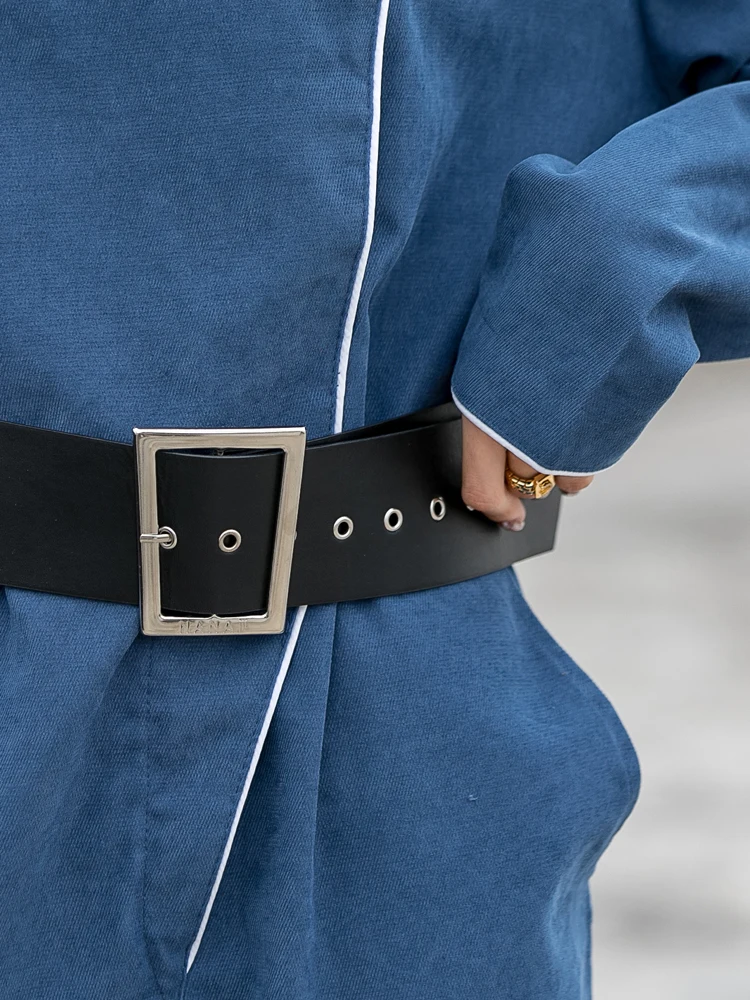 

QING MO Blue Women Safari Style Jumpsuits 2020 Women Stand Neck Solid Jumpsuits With Sashes Female Fashionable Jumpsuits ZQY6130