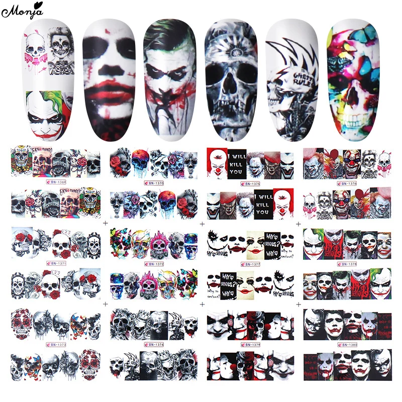 Monja Nail Art Черный Череп Клоун зомби переводная наклейка для воды Хэллоуин водяная