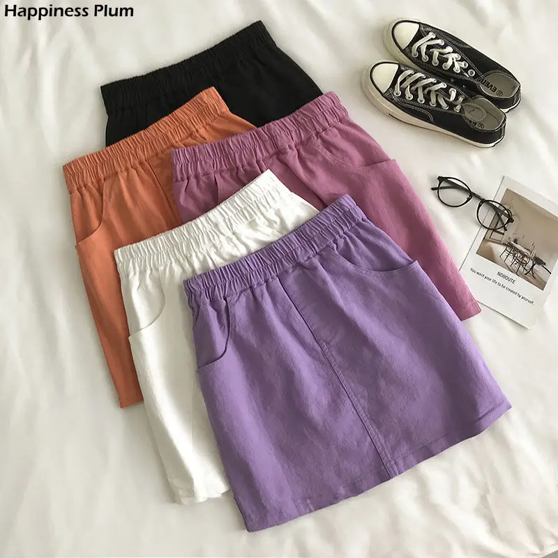 

Korean Women High Waist A Line Skirt Sweet Ladies Elastic Waist Mini Short Skirts 2021 New Solid Color Skirts With Pocket Female