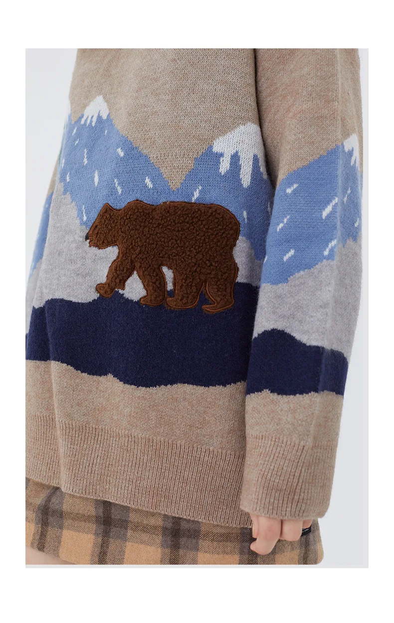 

Korean retro cartoon bear pattern loose round neck knitted sweater