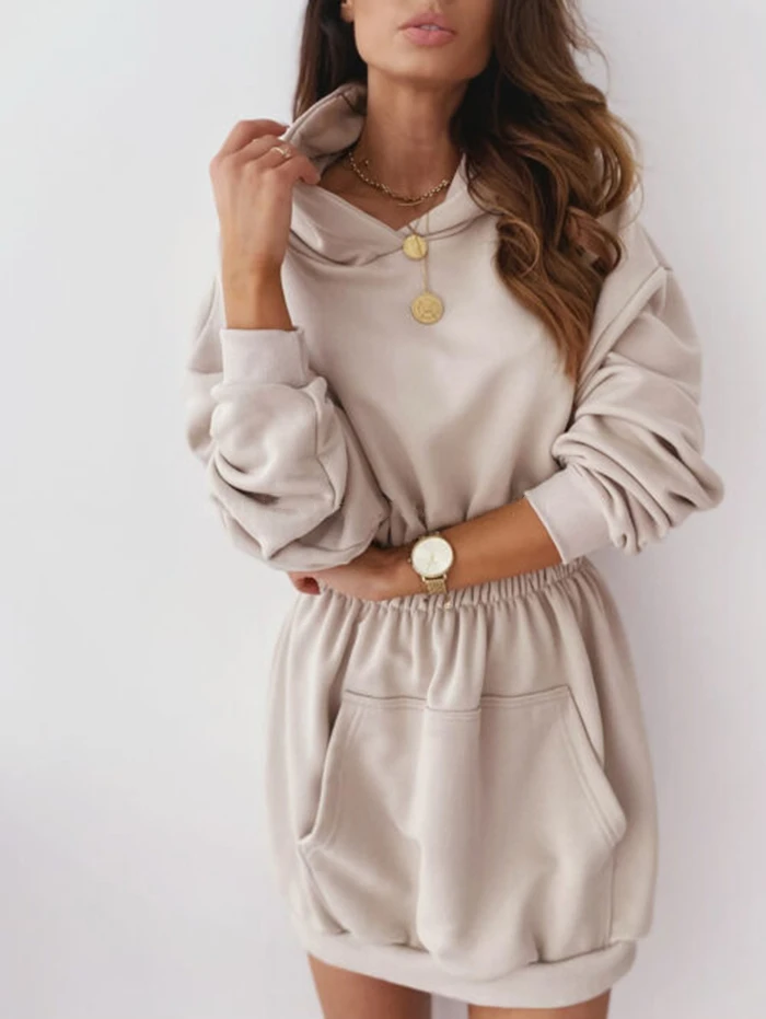 Повседневное однотонное платье толстовка с капюшоном женское Спортивное