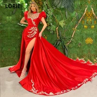 lorie arabic evening dress high neck appliques beaded short sleeves long prom gown with detachable train red party dress 2021