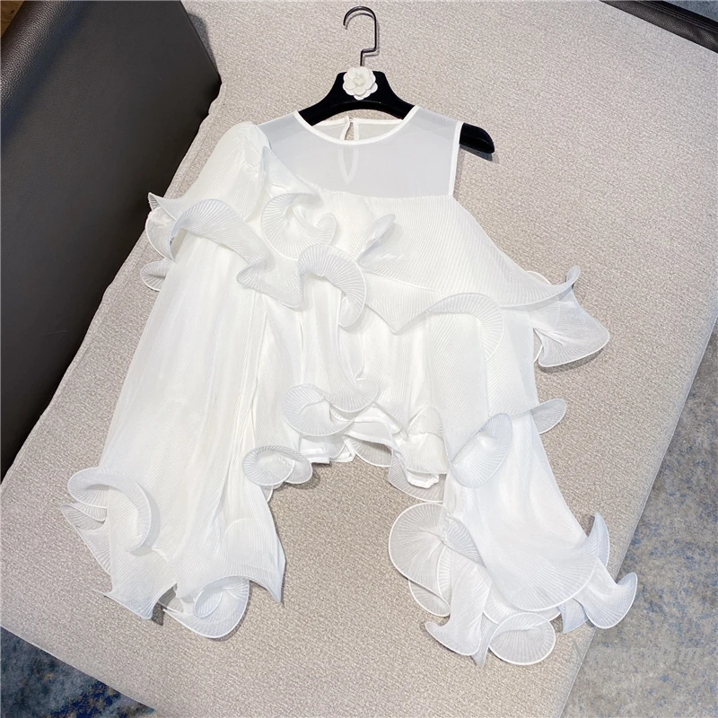 

Holiday Seaside Women's Shirts and Blouse 2021 Spring and Summer New Girls Ladies Sexy Off Shoulder Pleated Cake Chiffon Blusas