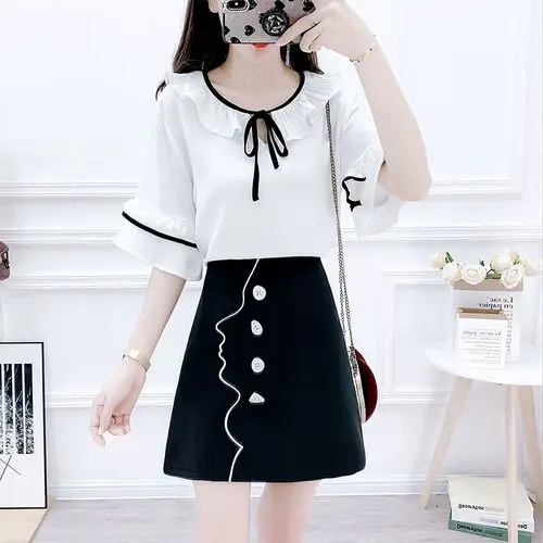 

Two-piece Set of Fresh Ruffled Chiffon Shirt Female Single-breasted Decorative Loose Simple Mini Skirt Women Sets Spring Summer