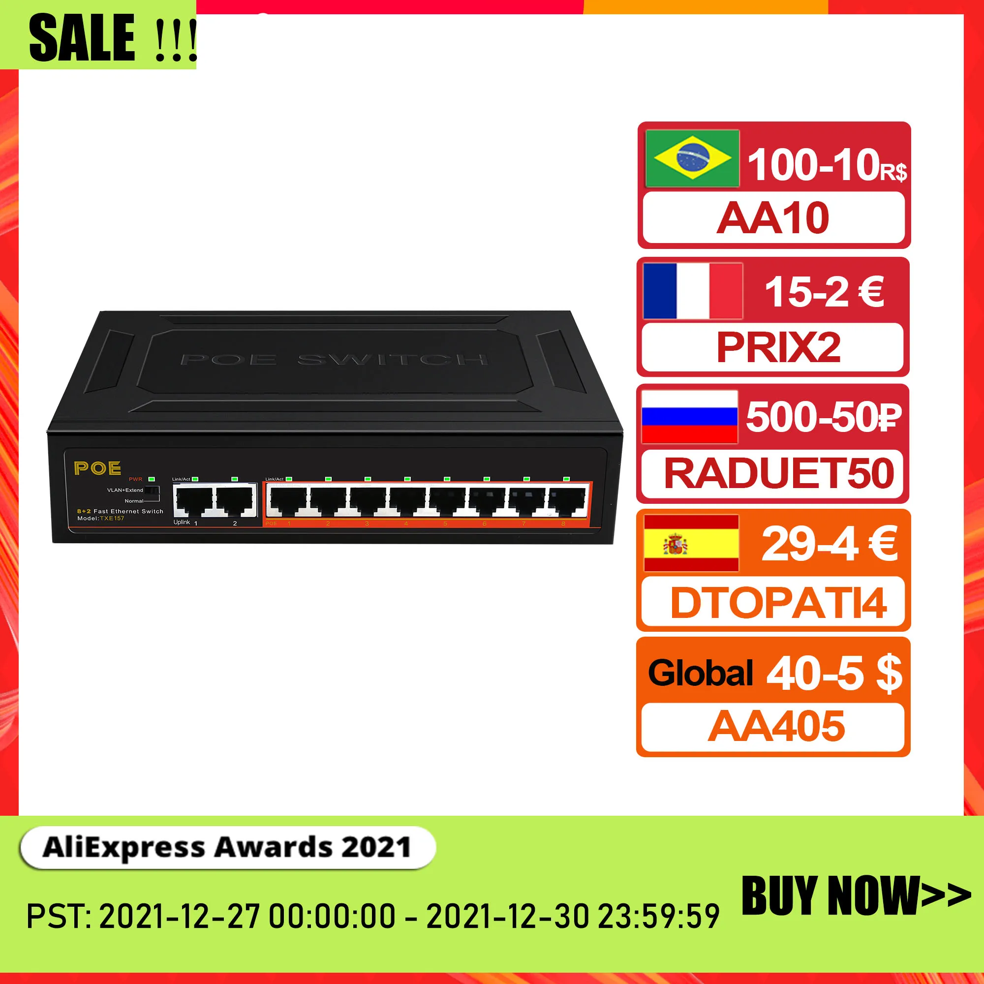 10-портовый коммутатор POE Fast Ethernet 8 + 2, коммутатор POE с внутренним питанием/защитой от вспышки/изоляцией VLAN 93 Вт IEEE 802.3af/at - изображение