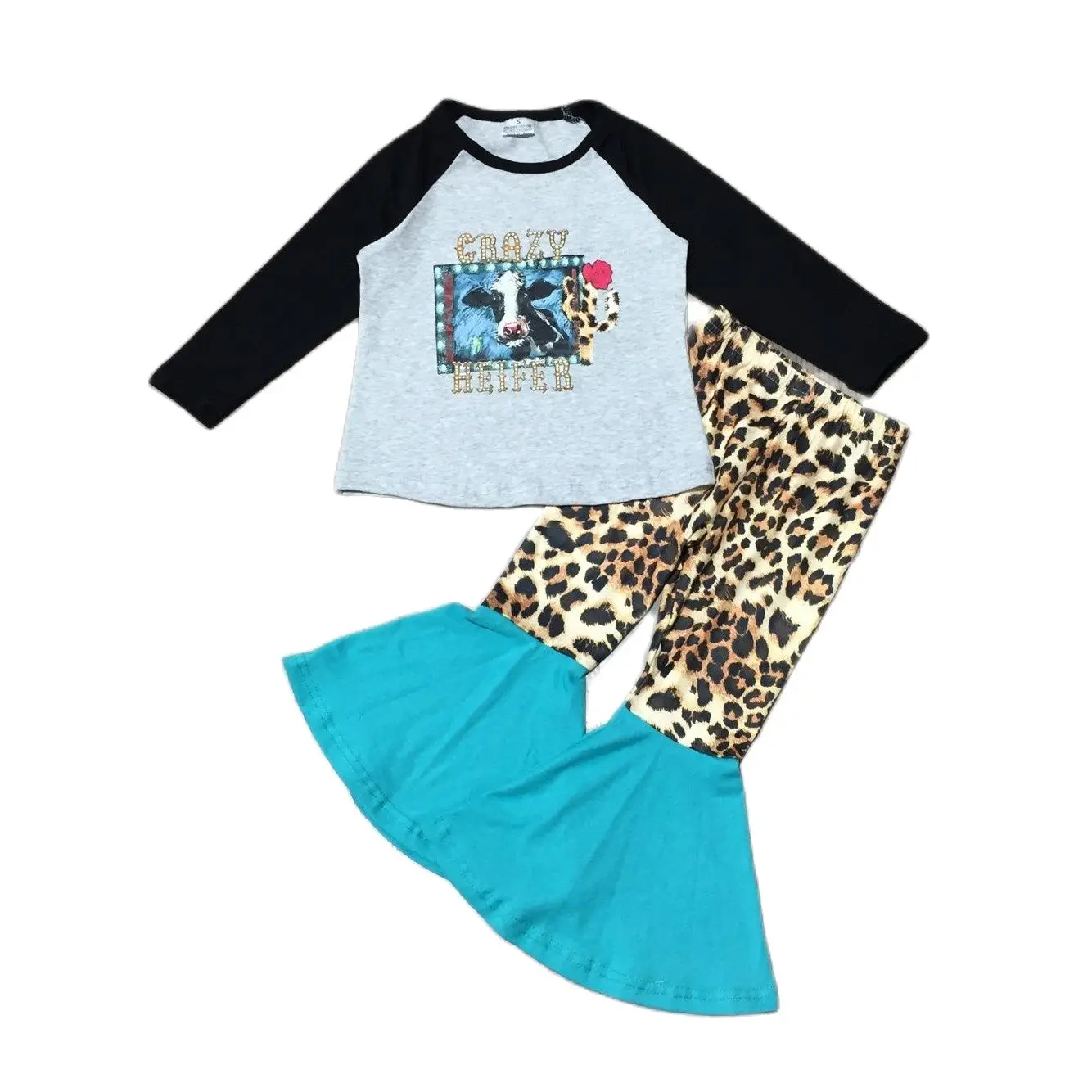 

Girlymax Fall/Winter Baby Girls Top Ruffles Bell-bottoms Boutique Outfits Crazy Hrifer Leopard Pants Set Kids Clothing