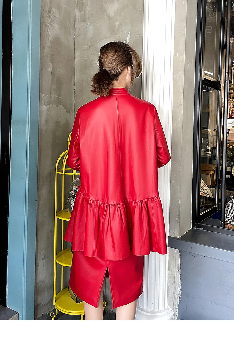 Autumn  Korean Style Women's High Quality Double-breasted Stand Collar Genuine Leather Coat C417