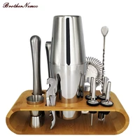 13pcs stainless steel cocktail shaker bar set wine drinking mixer boston style shaker party bar tool with bamboo stand