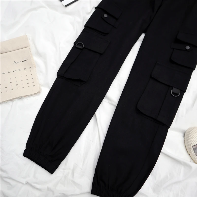 

Summer Women Harajuku Cargo Pants Gothic Cool Two-piece Set Suit Chain Short Sleeve T Shirt + Solid Trousers Outfit #TZ20