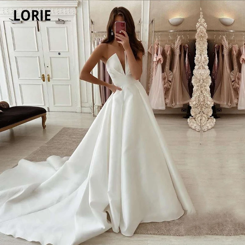 

LORIE Satin Wedding Dresses V-Neck New Fashion A-Line Elegant Wedding Gown Sweep Train Country Bridal Dress vestido novia