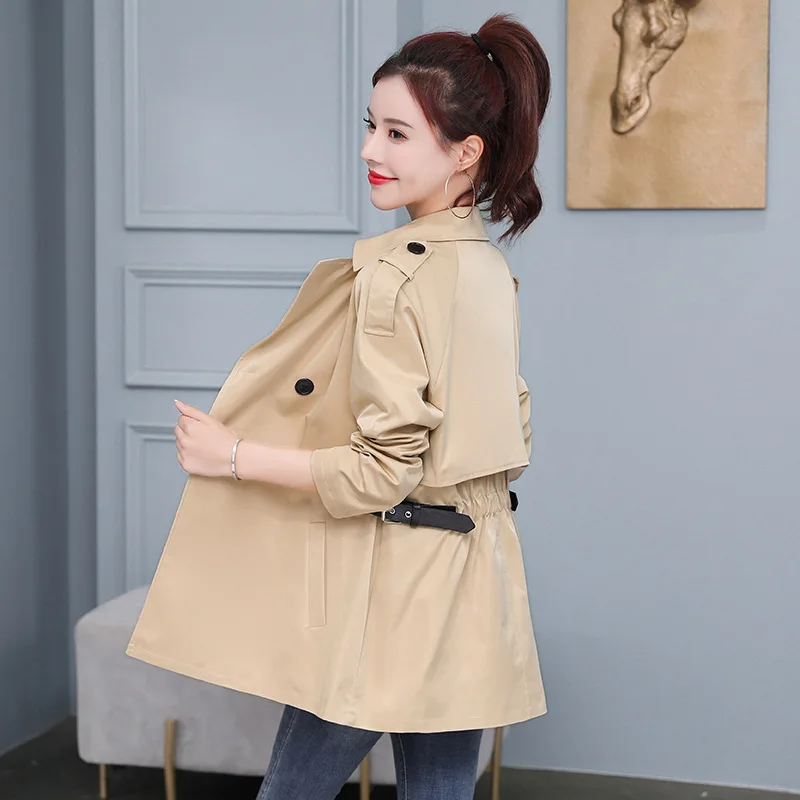

Pure Color Slim-fit Women's Short Windbreaker Double-breasted Lapel Hepburn Style Wild Thin Windbreaker Jacket 2021 New T79